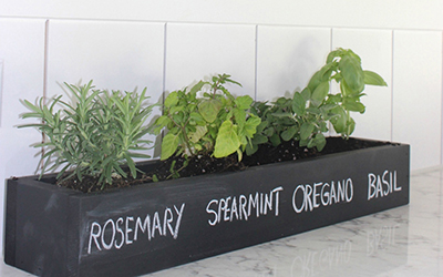 Planter with rosemary, spearmint, oregano and basil written in chalk.