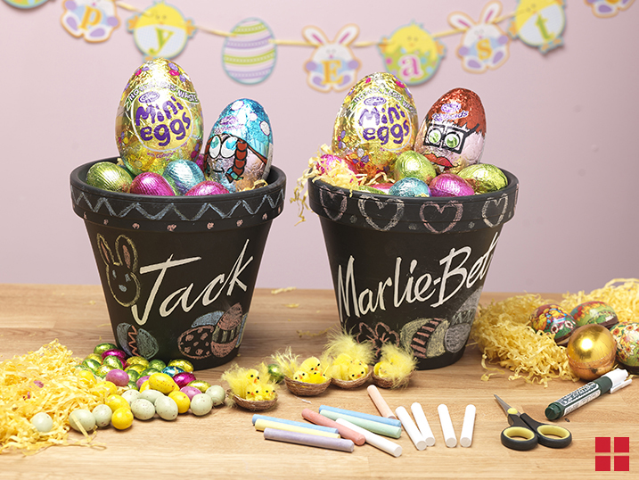 Painted flower pots with Easter eggs inside